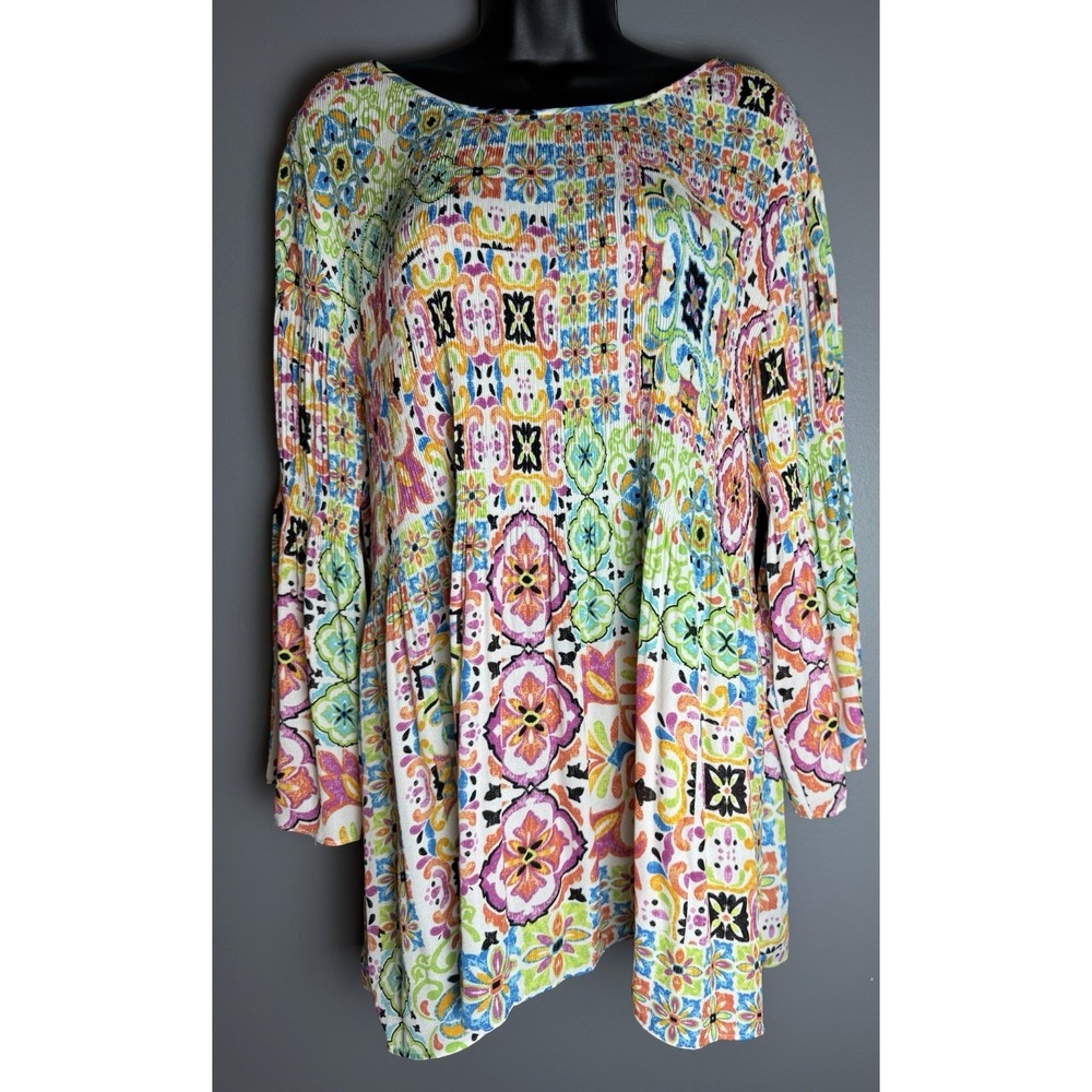 Ninety Clothing Women's Colorful Printed Tunic Pleated Details & Bell Sleeves 1X